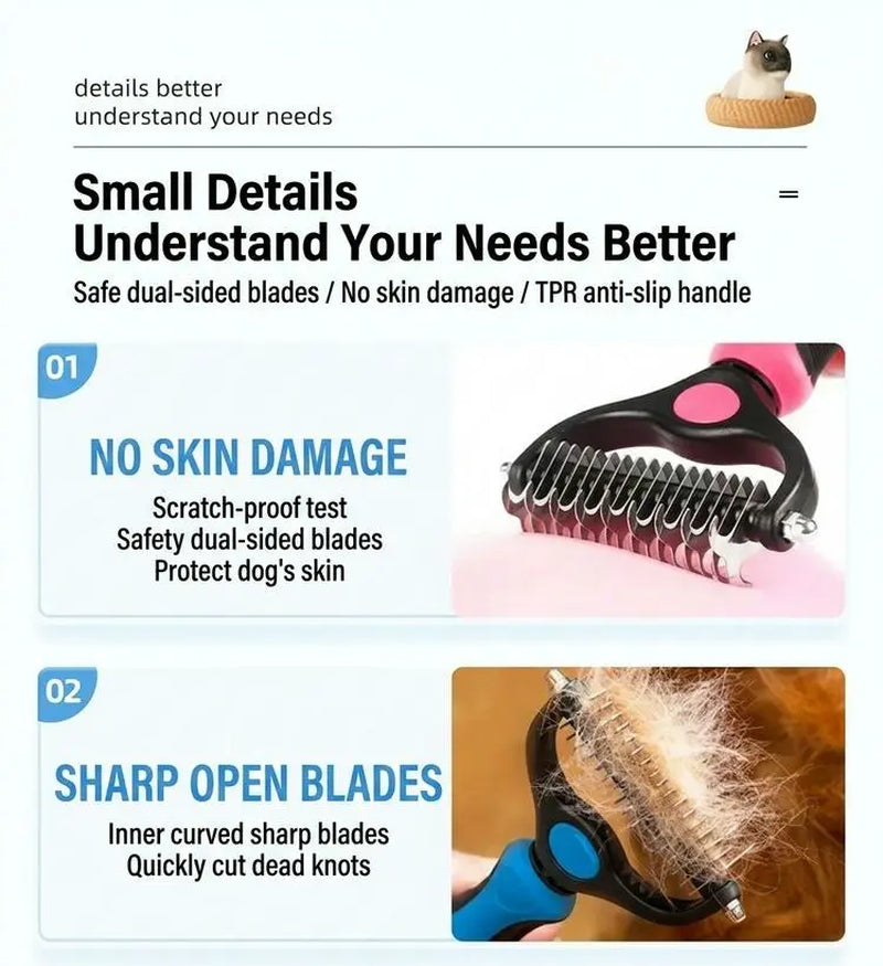 Pet Dematting Undercoat Rake for Long-Haired Pets, Double-Sided Deshedding Brush for Dogs & Cats, Pain-Free Tangle Remover, Reduces Shedding & Mats, Grooming Tool
