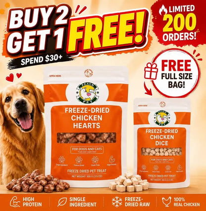Peach Pet Freeze Dried Real Chicken Hearts Dog & Cat Treats, 3.5Oz Rich High-Protein Pet Snacks, Buy 2 Get Free Chicken Dice, Spend $30+ Limited Offer