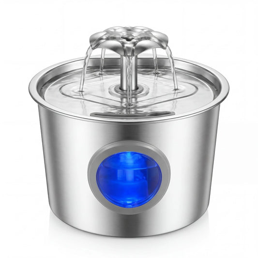 Super Silent Cat Water Dispenser 2.2L Pet Water Dispenser Super Silent 304 Stainless Steel Water Outlet Night Light 6-Layer Filter Soft Blue LED Automatic Gravity Water Supply | Wired Plug in Model | Leak Proof Design | Easy to Clean | Easy to Install